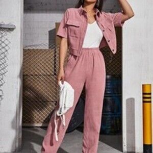 SHEIN Mulvari Corduroy Flap Pocket Blouse & Pants